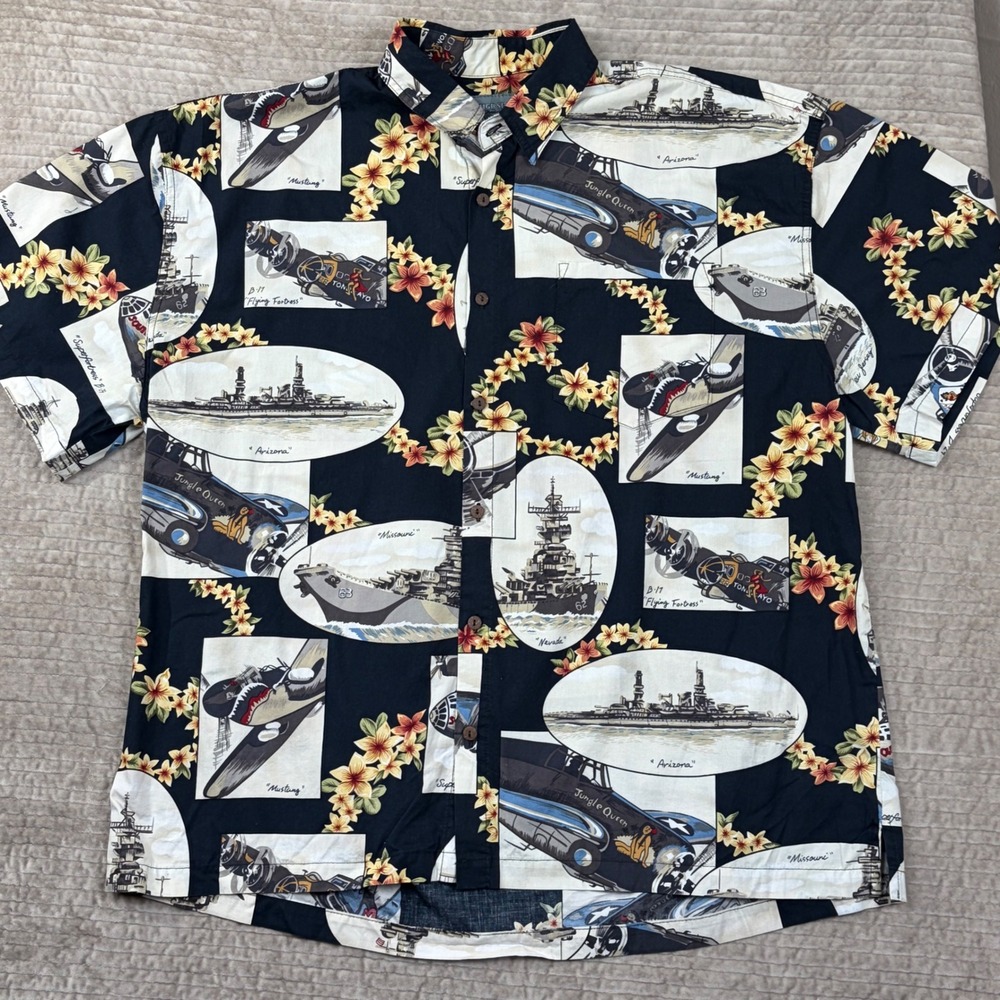 High Seas Trading Co Mens 3XL WWII Battleship Airplane Hawaiian Shirt Cotton USA